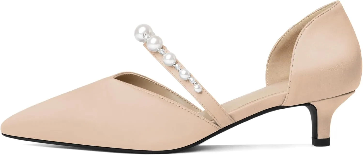 Joseywade Low Heels for Women Kitten Heels Pumps Pearl Closed Pointed Toe Slip-on 1.5 Inch Satin Wedding D'Orsay Bridal Shoes