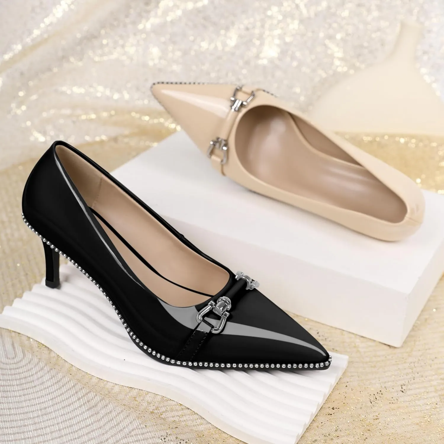 Joseywade Women Low Kitten Heel Pumps Slip On 2.5 Inches Closed Pointed Toe Beaded Metal Buckle Shoes