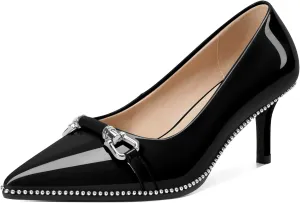 Joseywade Women Low Kitten Heel Pumps Slip On 2.5 Inches Closed Pointed Toe Beaded Metal Buckle Shoes