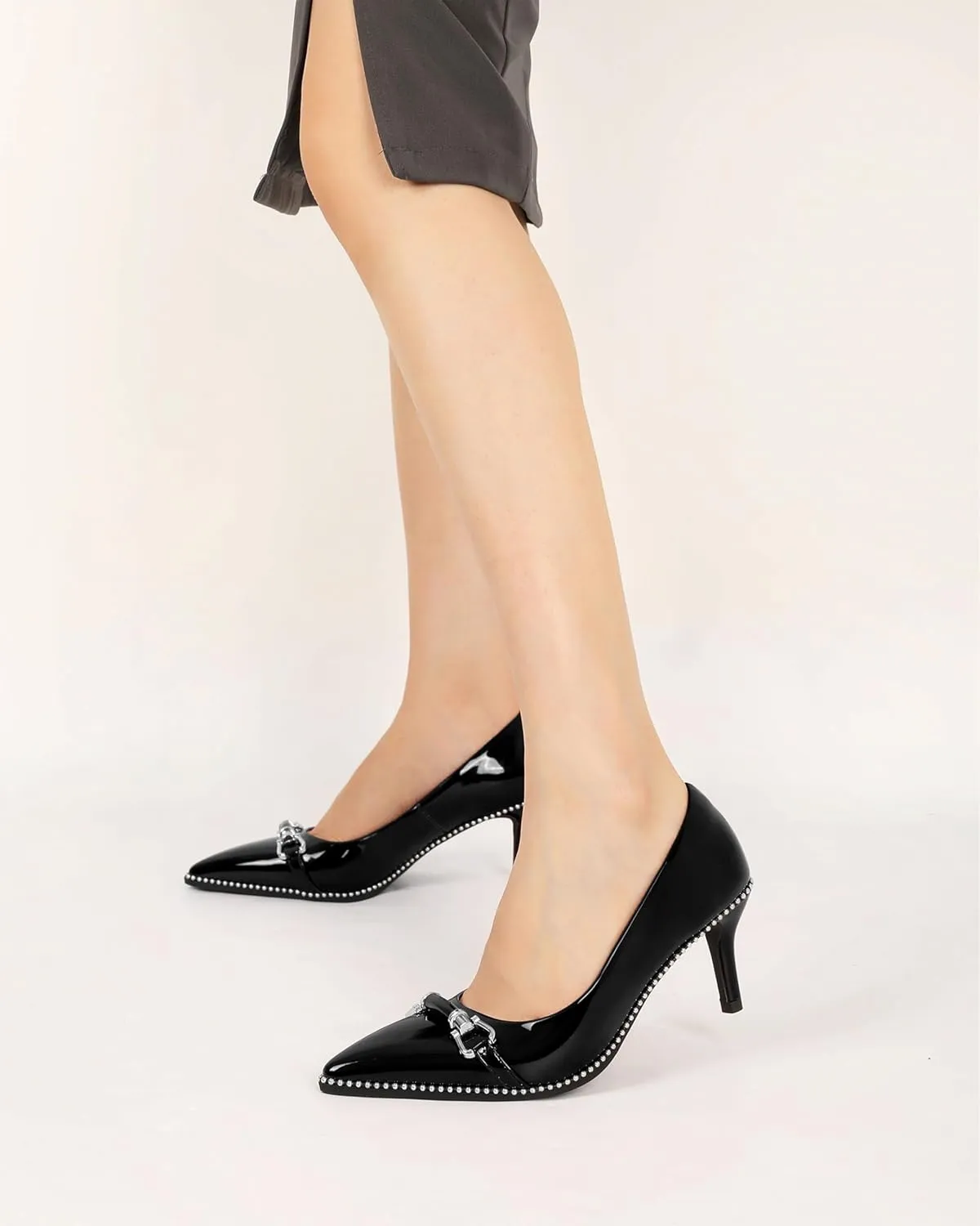Joseywade Women Low Kitten Heel Pumps Slip On 2.5 Inches Closed Pointed Toe Beaded Metal Buckle Shoes