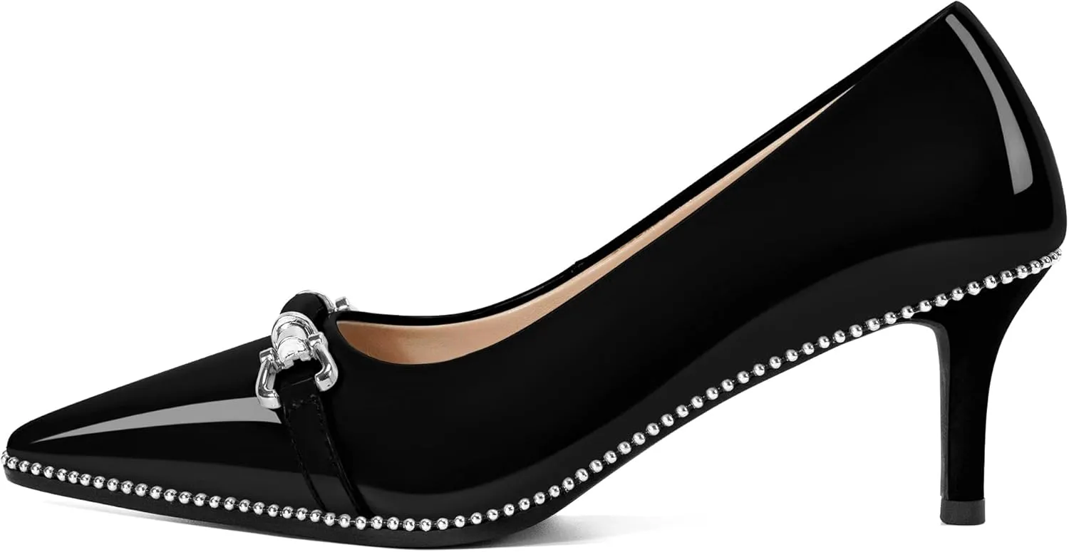 Joseywade Women Low Kitten Heel Pumps Slip On 2.5 Inches Closed Pointed Toe Beaded Metal Buckle Shoes