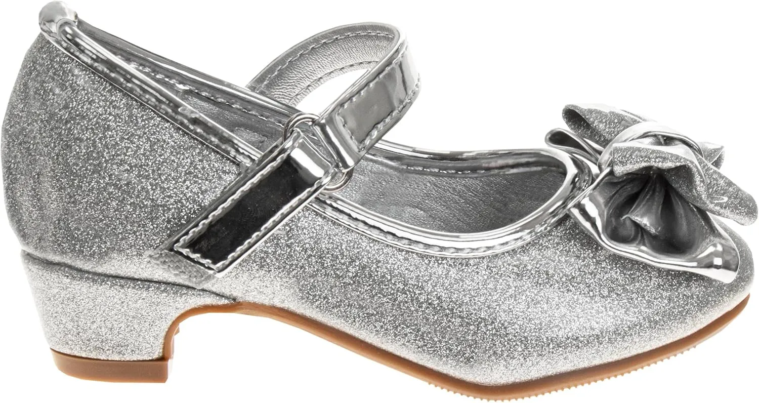 Josmo Sparkly Colors Girl Dress Shoes with Bow, Rubber Sole Closed Toe Block Heel Shoes for Toddler to Big Kid, Comfortable Formal and Party Wear Slip-On Pumps