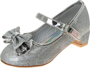 Josmo Sparkly Colors Girl Dress Shoes with Bow, Rubber Sole Closed Toe Block Heel Shoes for Toddler to Big Kid, Comfortable Formal and Party Wear Slip-On Pumps