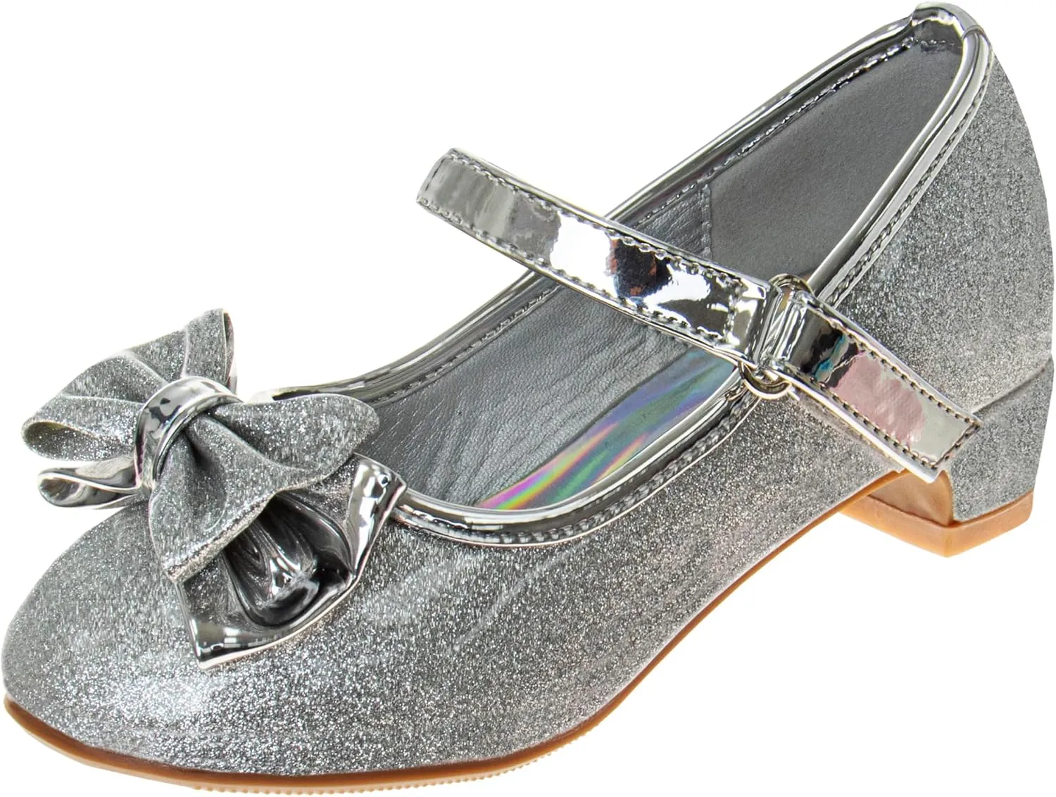 Josmo Sparkly Colors Girl Dress Shoes with Bow, Rubber Sole Closed Toe Block Heel Shoes for Toddler to Big Kid, Comfortable Formal and Party Wear Slip-On Pumps