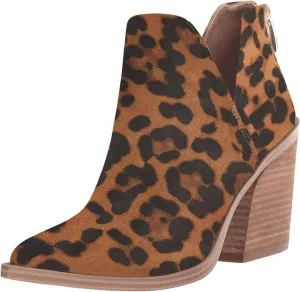 Kathemoi Womens Slip on Ankle Boots V Cutout Pointed Toe Chunky Stacked Mid Heel Booties