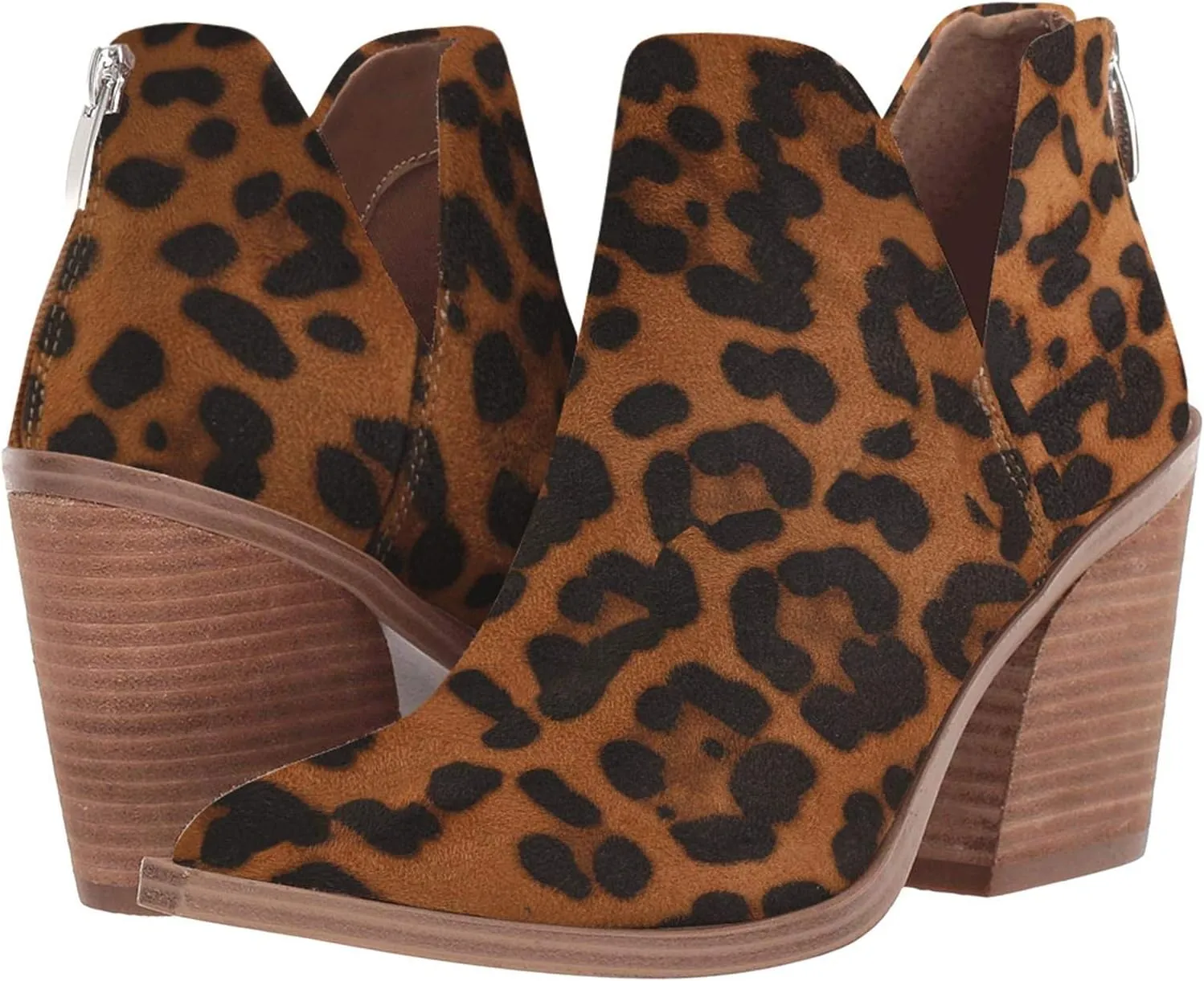 Kathemoi Womens Slip on Ankle Boots V Cutout Pointed Toe Chunky Stacked Mid Heel Booties