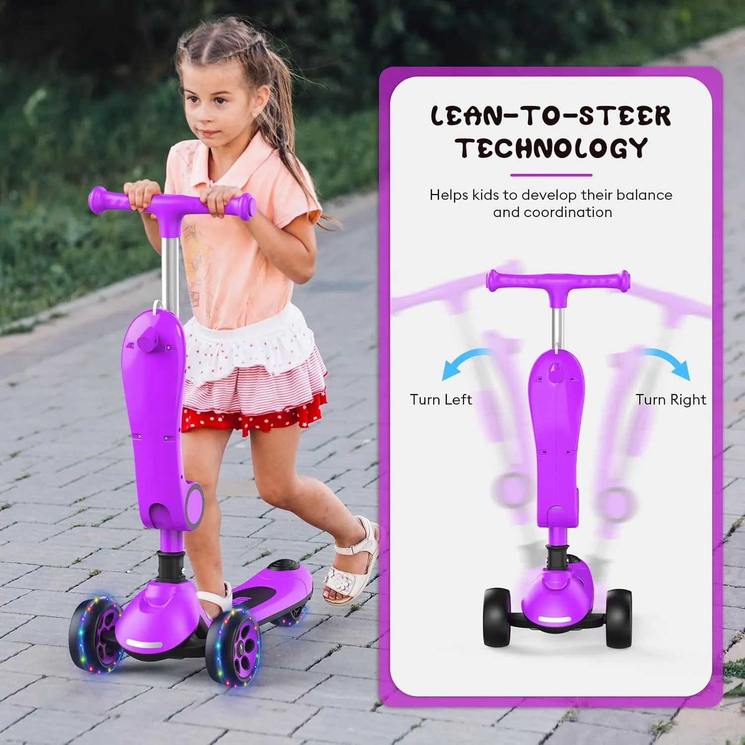 Kids Kick Scooter,Adjustable Height Handlebars and Removable Seat Scooters for Kids,3 Lighted Wheels Anti-Slip Deck Toddler Scooter for Boys & Girls Aged 3-12 up to 132 Lbs.