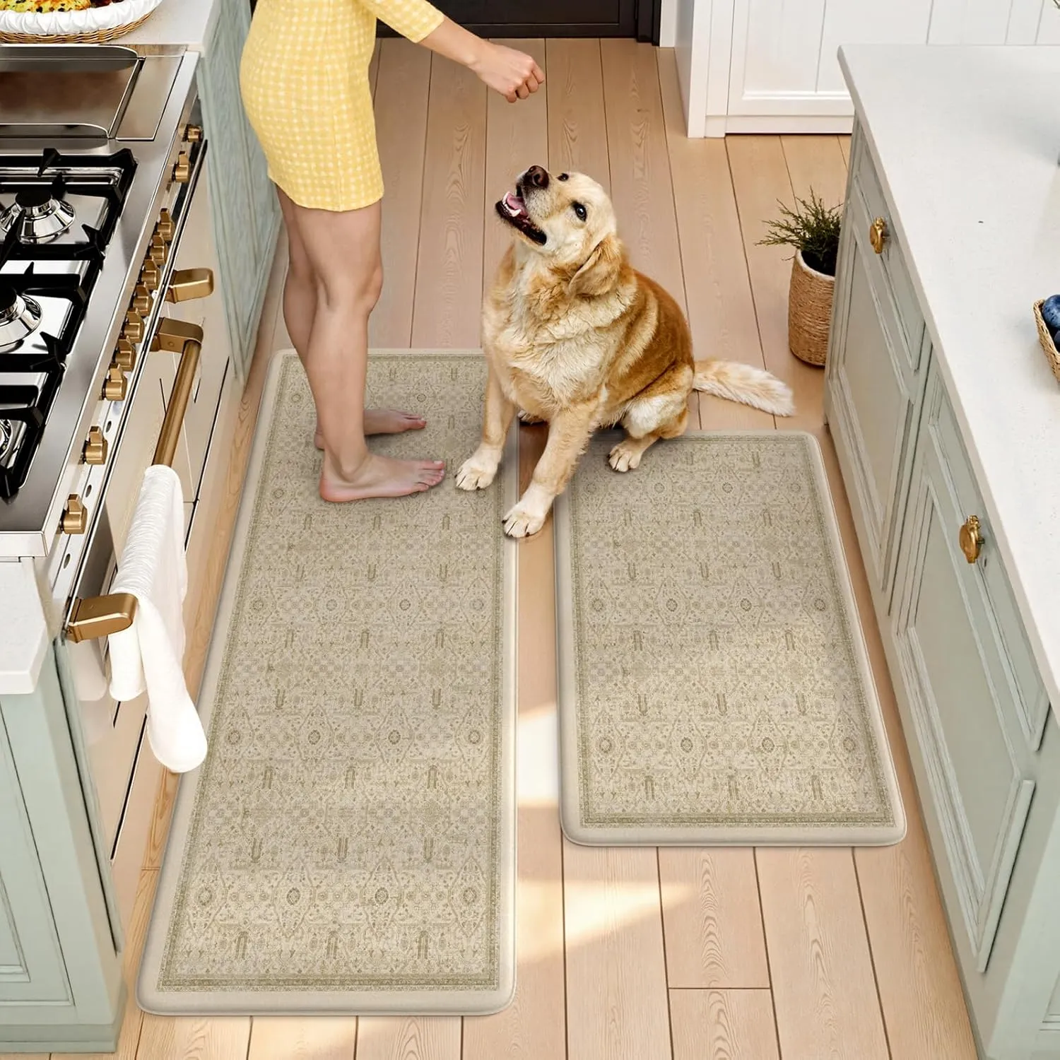 KIMODE Kitchen Mats for Floor Cushioned Anti Fatigue,Boho Farmhouse Kitchen Rugs Sets of 2,Cushioned Floor Mats Non Slip,Memory Foam Kitchen Mat for Laundry Sink Office Home,Khaki