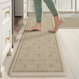 KIMODE Kitchen Mats for Floor Cushioned Anti Fatigue,Boho Farmhouse Kitchen Rugs Sets of 2,Cushioned Floor Mats Non Slip,Memory Foam Kitchen Mat for Laundry Sink Office Home,Khaki