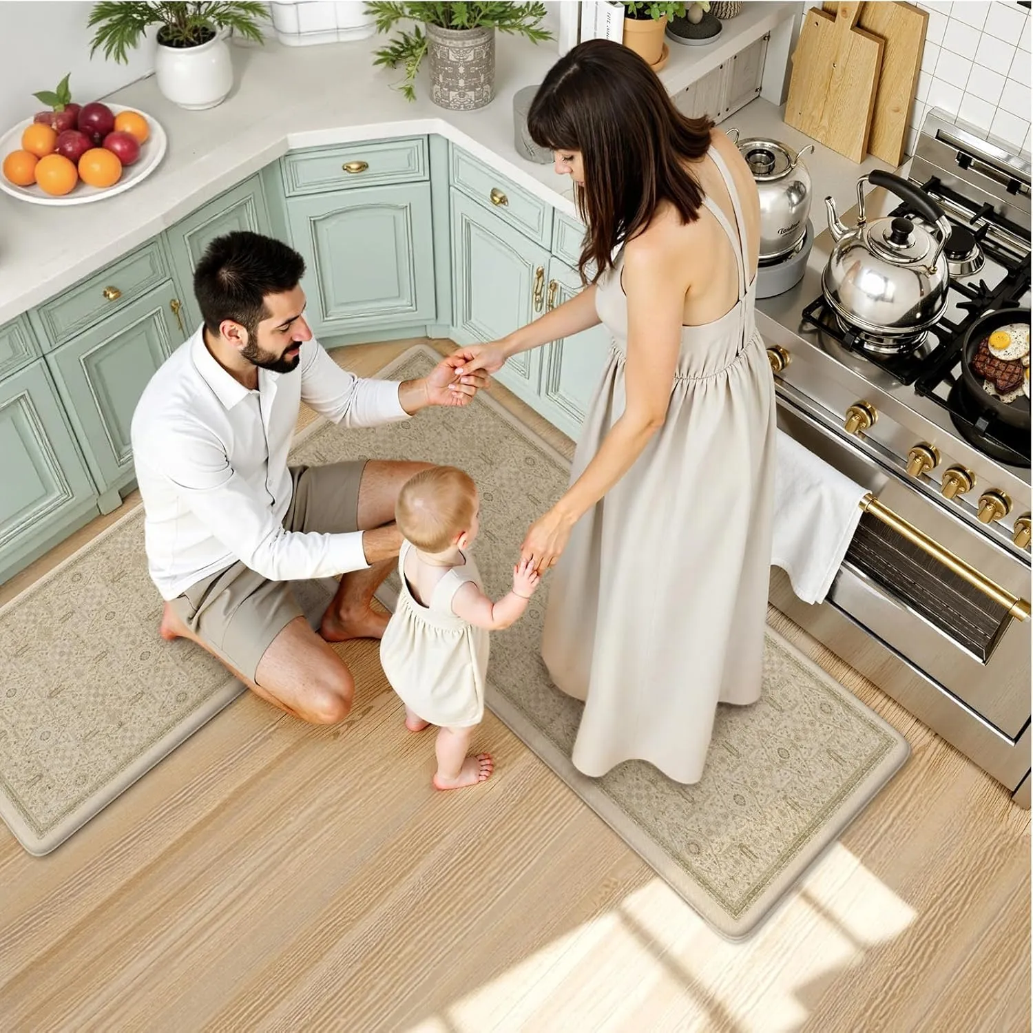 KIMODE Kitchen Mats for Floor Cushioned Anti Fatigue,Boho Farmhouse Kitchen Rugs Sets of 2,Cushioned Floor Mats Non Slip,Memory Foam Kitchen Mat for Laundry Sink Office Home,Khaki