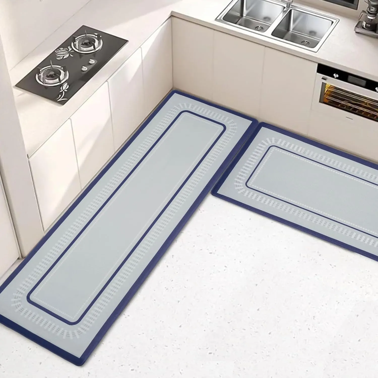 Kitchen Mat, [2 PCS] Kitchen Rugs, Cushioned Anti-Fatigue Non-Skid Waterproof Rugs, Ergonomic Comfort Standing Mat for Kitchen, Floor, Sink, Laundry, （A-Blue）