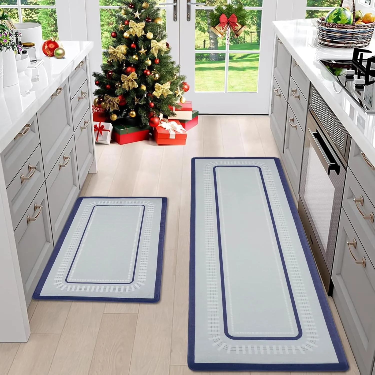 Kitchen Mat, [2 PCS] Kitchen Rugs, Cushioned Anti-Fatigue Non-Skid Waterproof Rugs, Ergonomic Comfort Standing Mat for Kitchen, Floor, Sink, Laundry, （A-Blue）