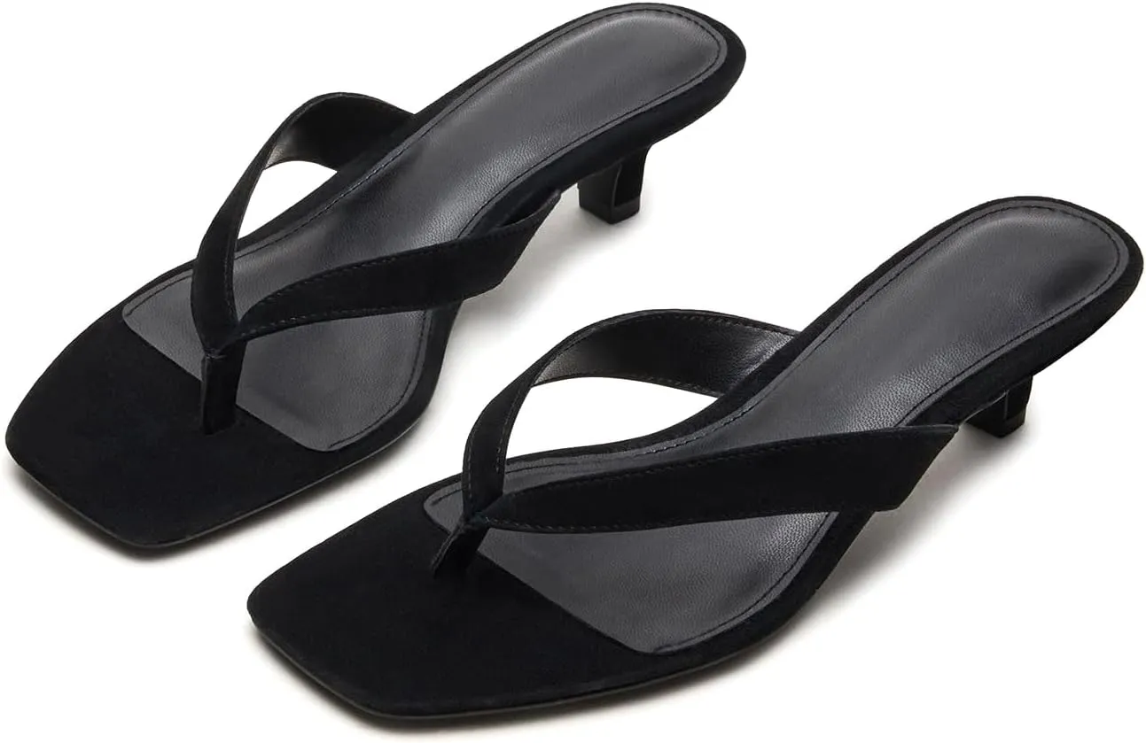 Kitten Heeled Thong Sandals for Women Suede Flip Flop Square Open Toe Slip on Slides