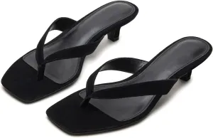 Kitten Heeled Thong Sandals for Women Suede Flip Flop Square Open Toe Slip on Slides