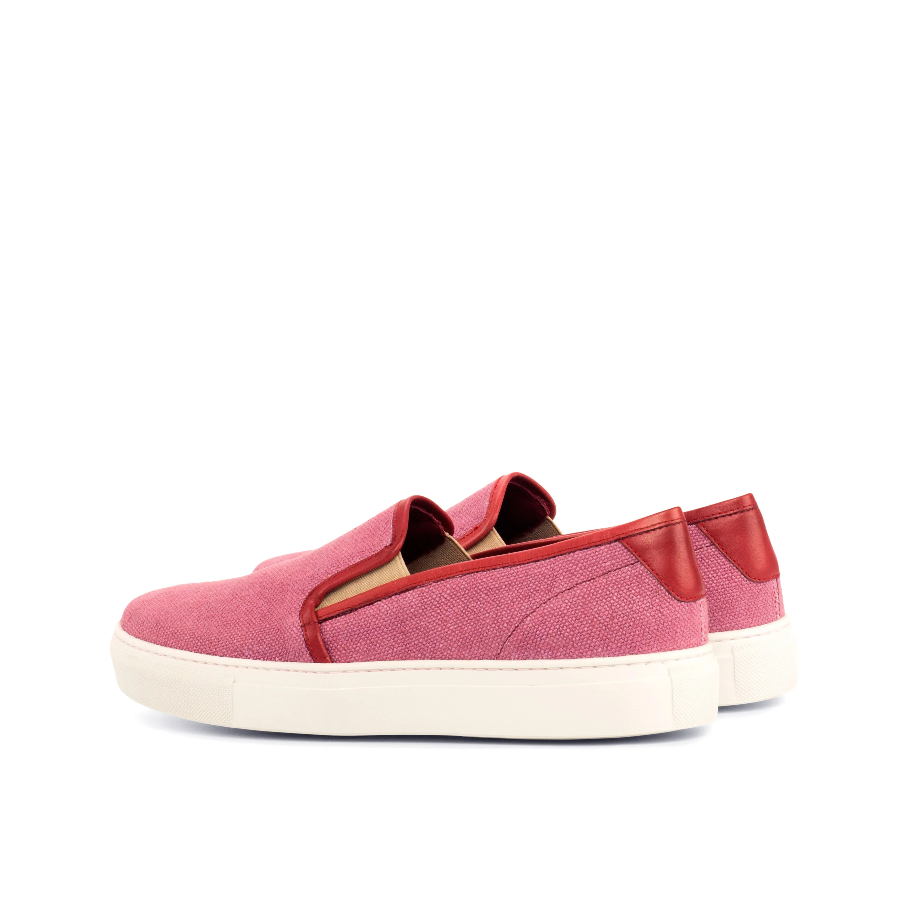 Ladies Summer Slip On -  Plum Linen Fabric with Trim & Heel Tab in Hand Painted Red Calf Leather