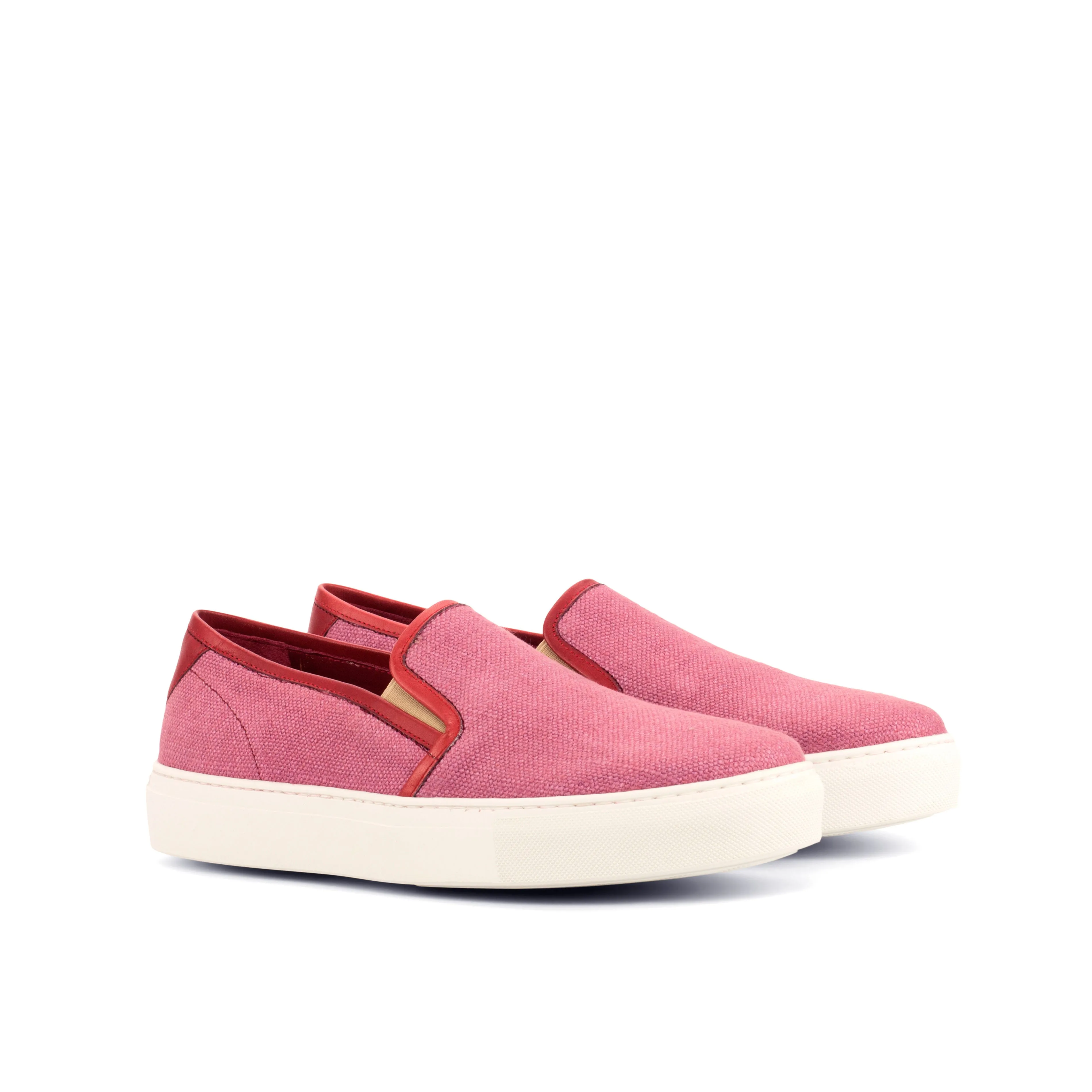 Ladies Summer Slip On -  Plum Linen Fabric with Trim & Heel Tab in Hand Painted Red Calf Leather
