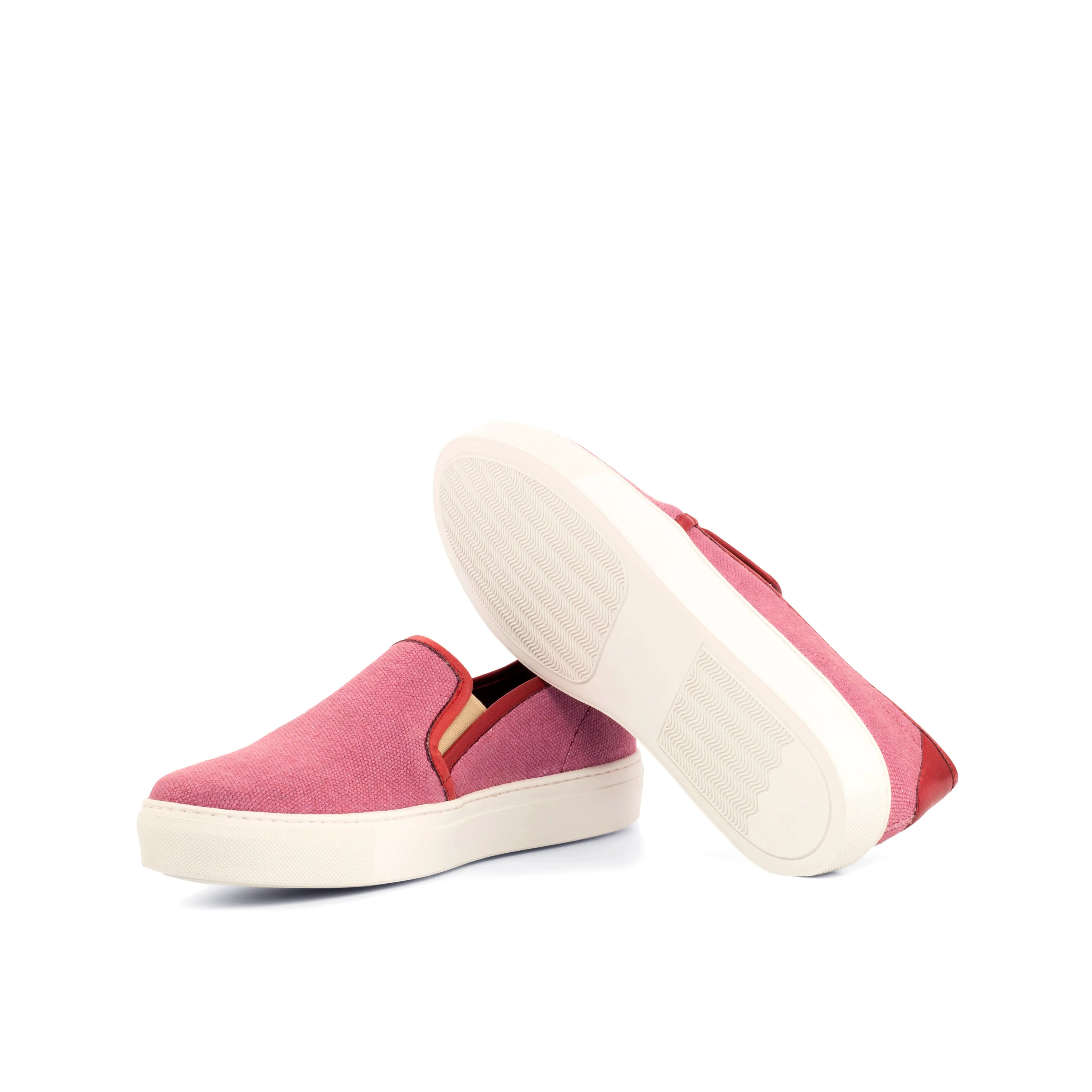 Ladies Summer Slip On -  Plum Linen Fabric with Trim & Heel Tab in Hand Painted Red Calf Leather
