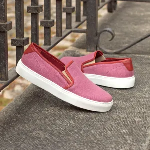 Ladies Summer Slip On -  Plum Linen Fabric with Trim & Heel Tab in Hand Painted Red Calf Leather