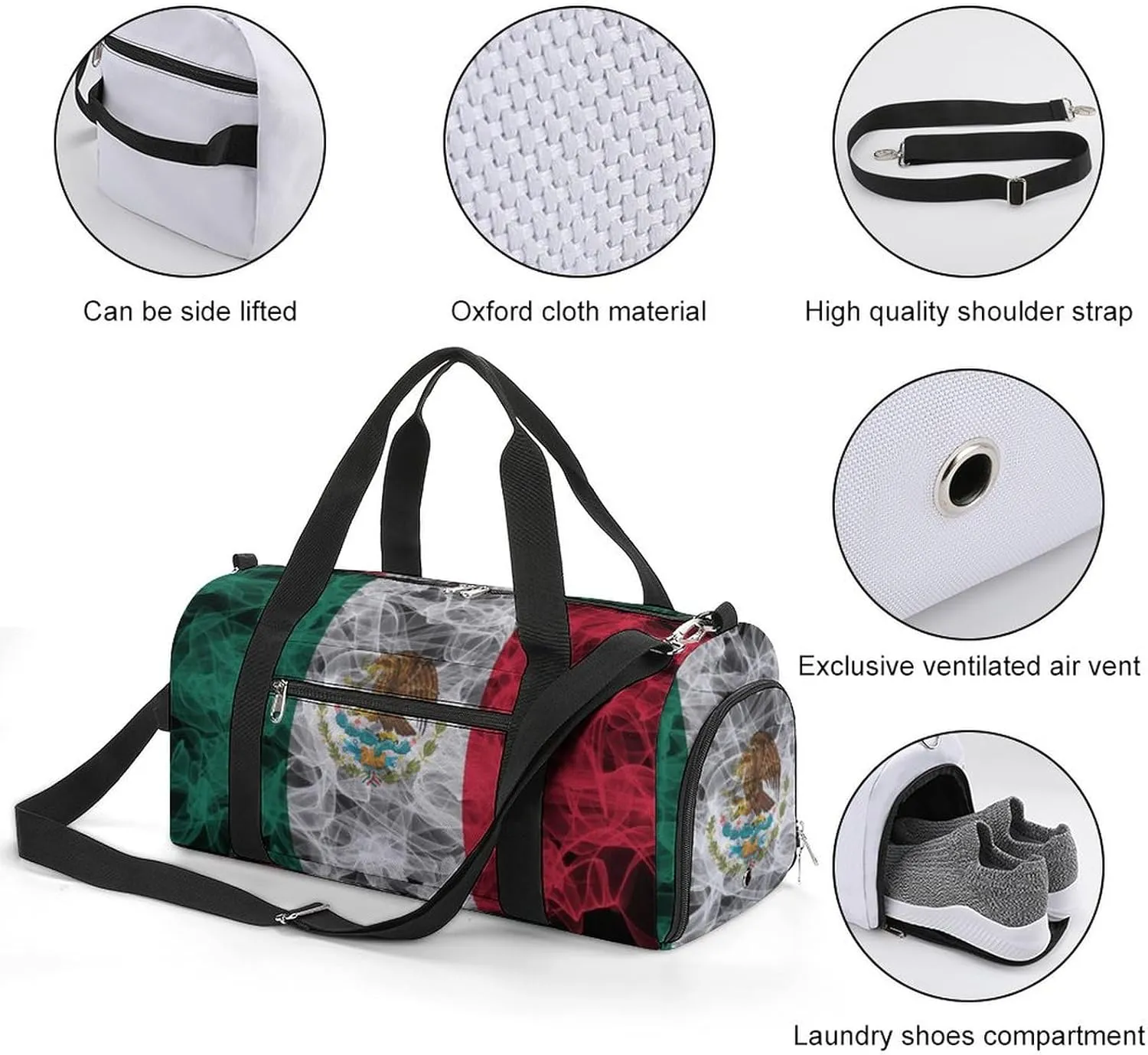 Lightweight Mexican Flag Smoke Style Duffle Bag with Shoe Compartment and Wet Pocket for Gym