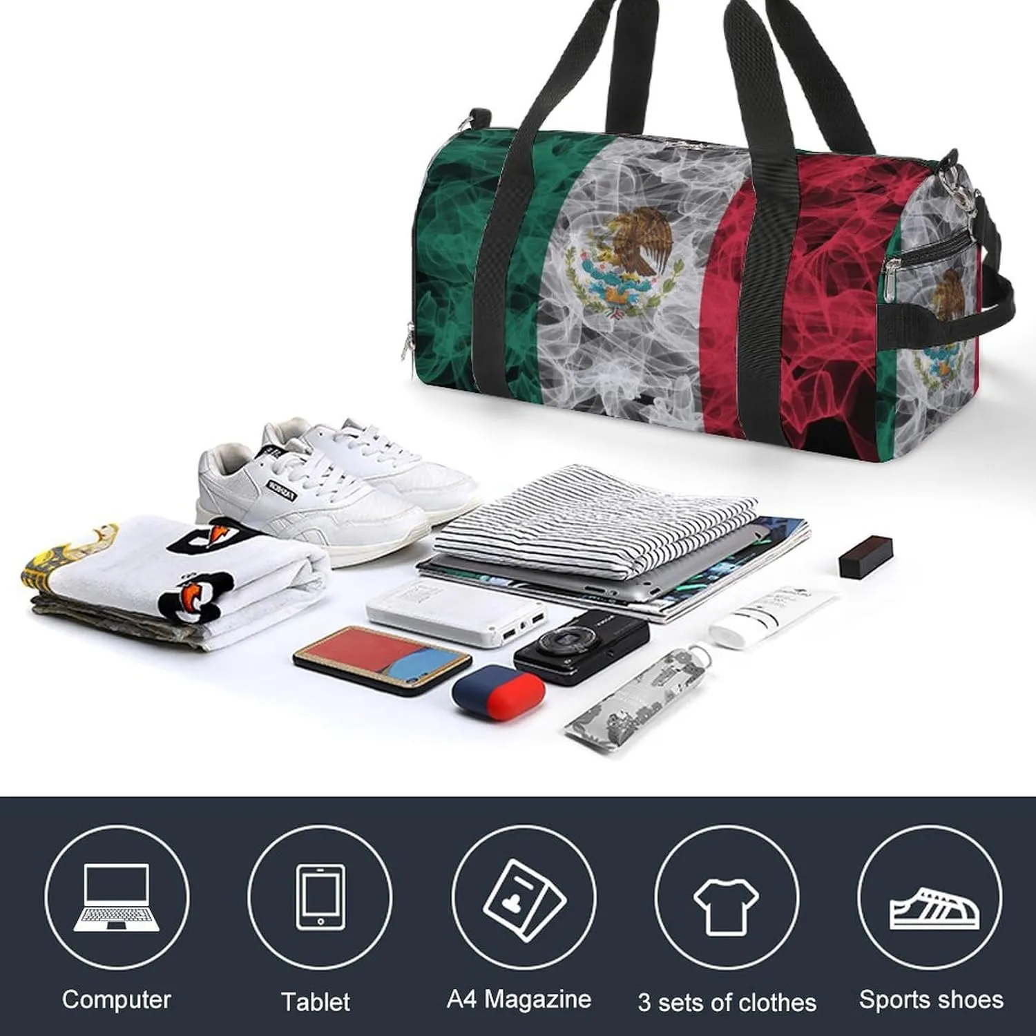 Lightweight Mexican Flag Smoke Style Duffle Bag with Shoe Compartment and Wet Pocket for Gym