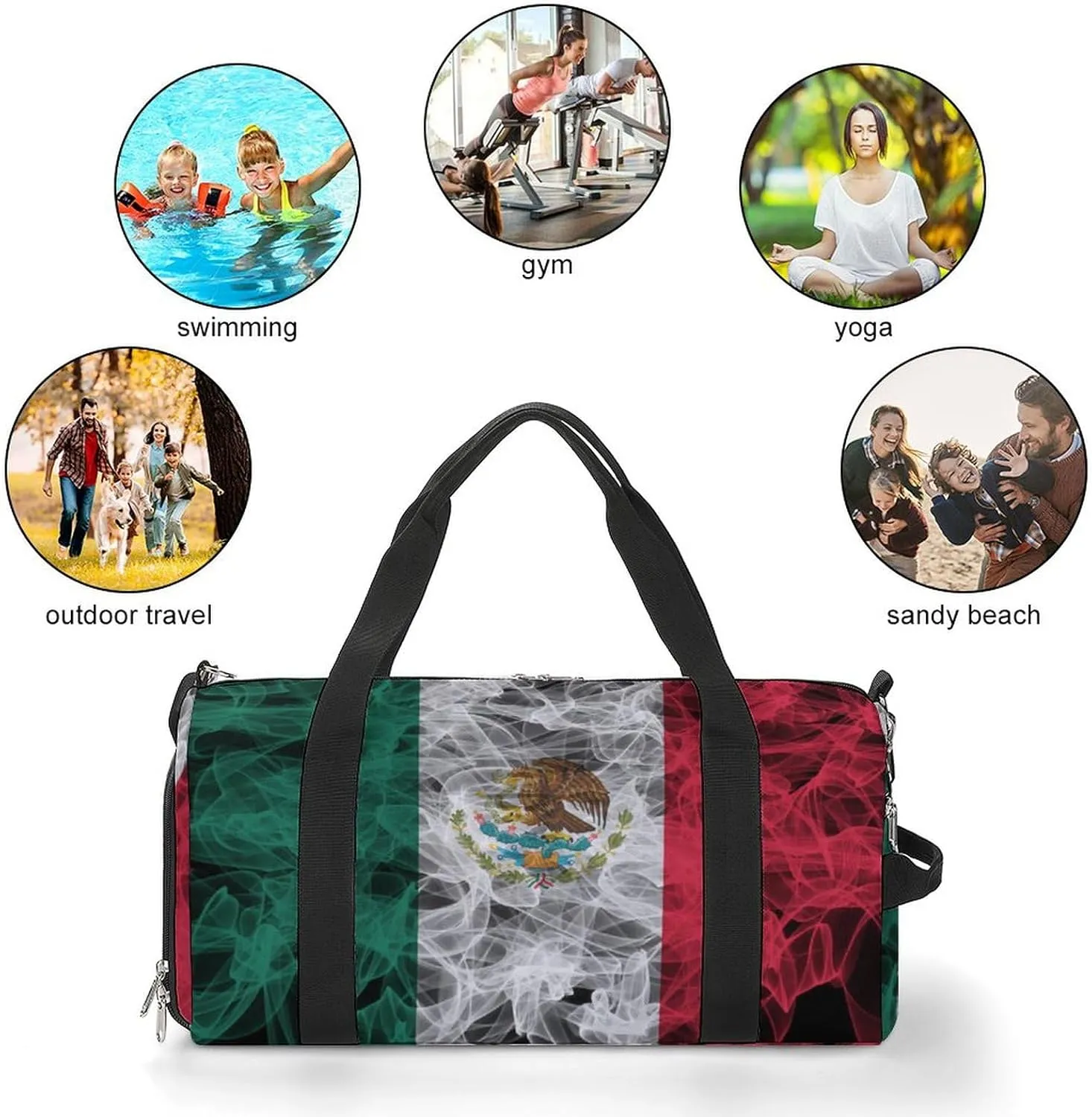 Lightweight Mexican Flag Smoke Style Duffle Bag with Shoe Compartment and Wet Pocket for Gym