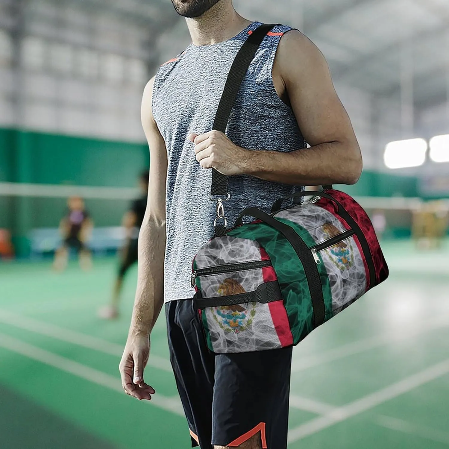 Lightweight Mexican Flag Smoke Style Duffle Bag with Shoe Compartment and Wet Pocket for Gym