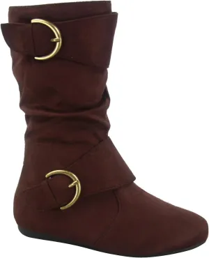 Link Klein-70k Girl's Kid's Faux Suede Two Buckle Zipper Flat Heel Mid Calf Slouchy Boot Shoes (12 B(M) US, Brown)