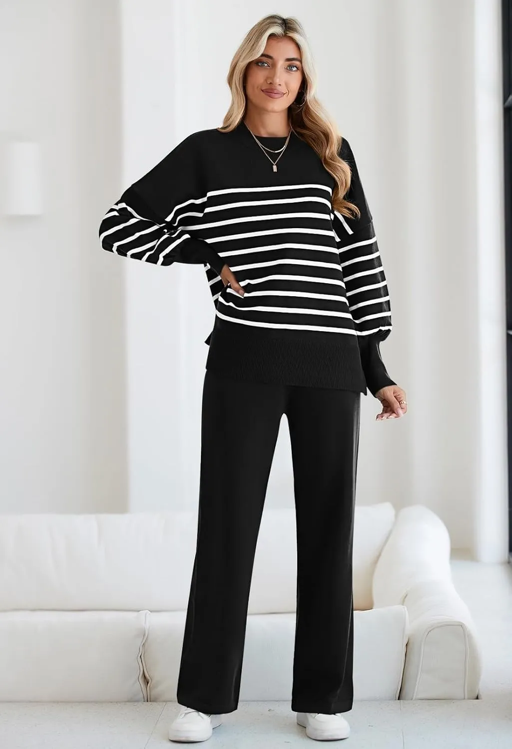 Linsery Women 2 Piece Sweater Sets Long Sleeve Knit Top Matching Wide Leg Pant Knitted Sweatsuit Outfits