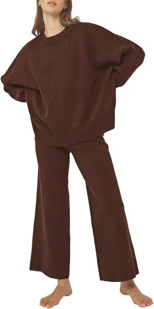 Linsery Women 2 Piece Sweater Sets Long Sleeve Knit Top Matching Wide Leg Pant Knitted Sweatsuit Outfits