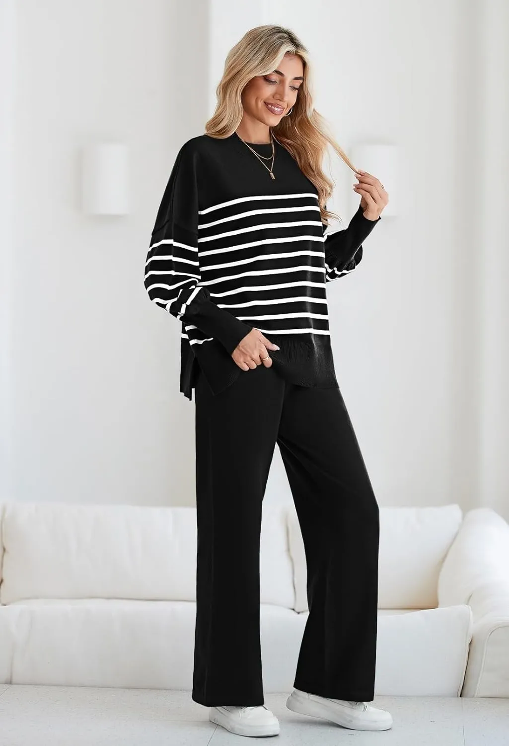 Linsery Women 2 Piece Sweater Sets Long Sleeve Knit Top Matching Wide Leg Pant Knitted Sweatsuit Outfits