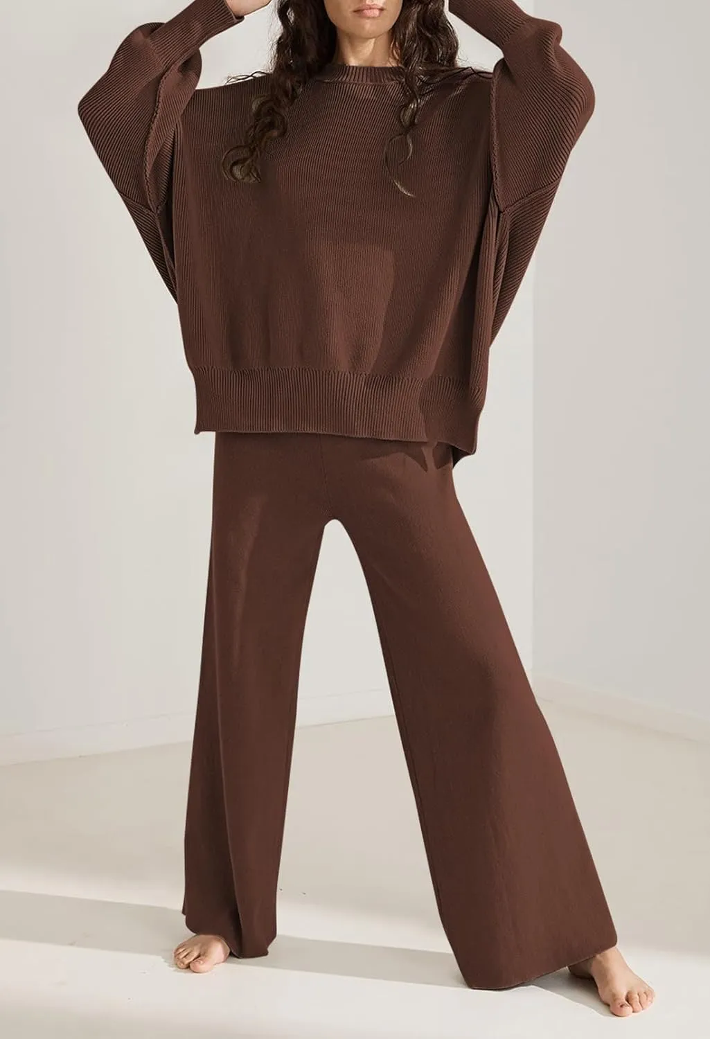 Linsery Women 2 Piece Sweater Sets Long Sleeve Knit Top Matching Wide Leg Pant Knitted Sweatsuit Outfits