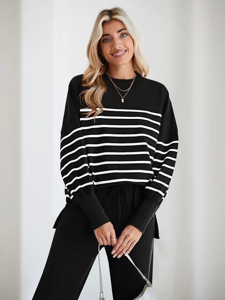Linsery Women 2 Piece Sweater Sets Long Sleeve Knit Top Matching Wide Leg Pant Knitted Sweatsuit Outfits
