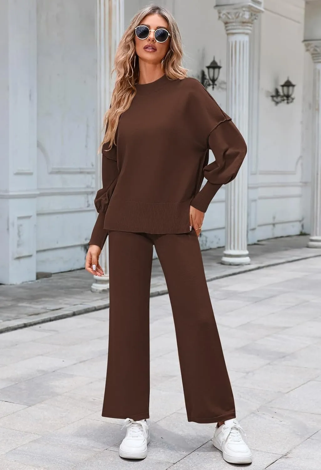 Linsery Women 2 Piece Sweater Sets Long Sleeve Knit Top Matching Wide Leg Pant Knitted Sweatsuit Outfits