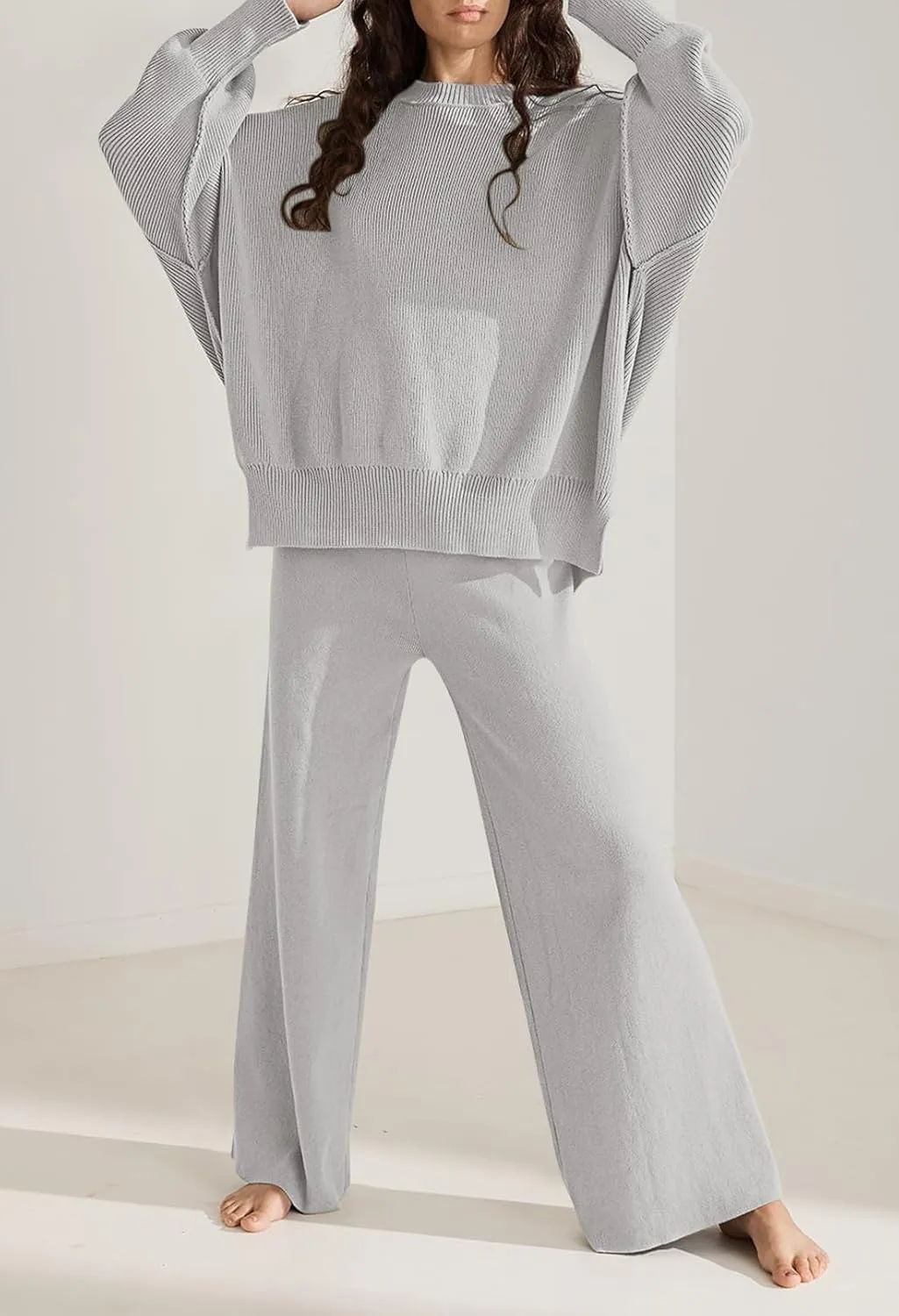 Linsery Women 2 Piece Sweater Sets Long Sleeve Knit Top Matching Wide Leg Pant Knitted Sweatsuit Outfits