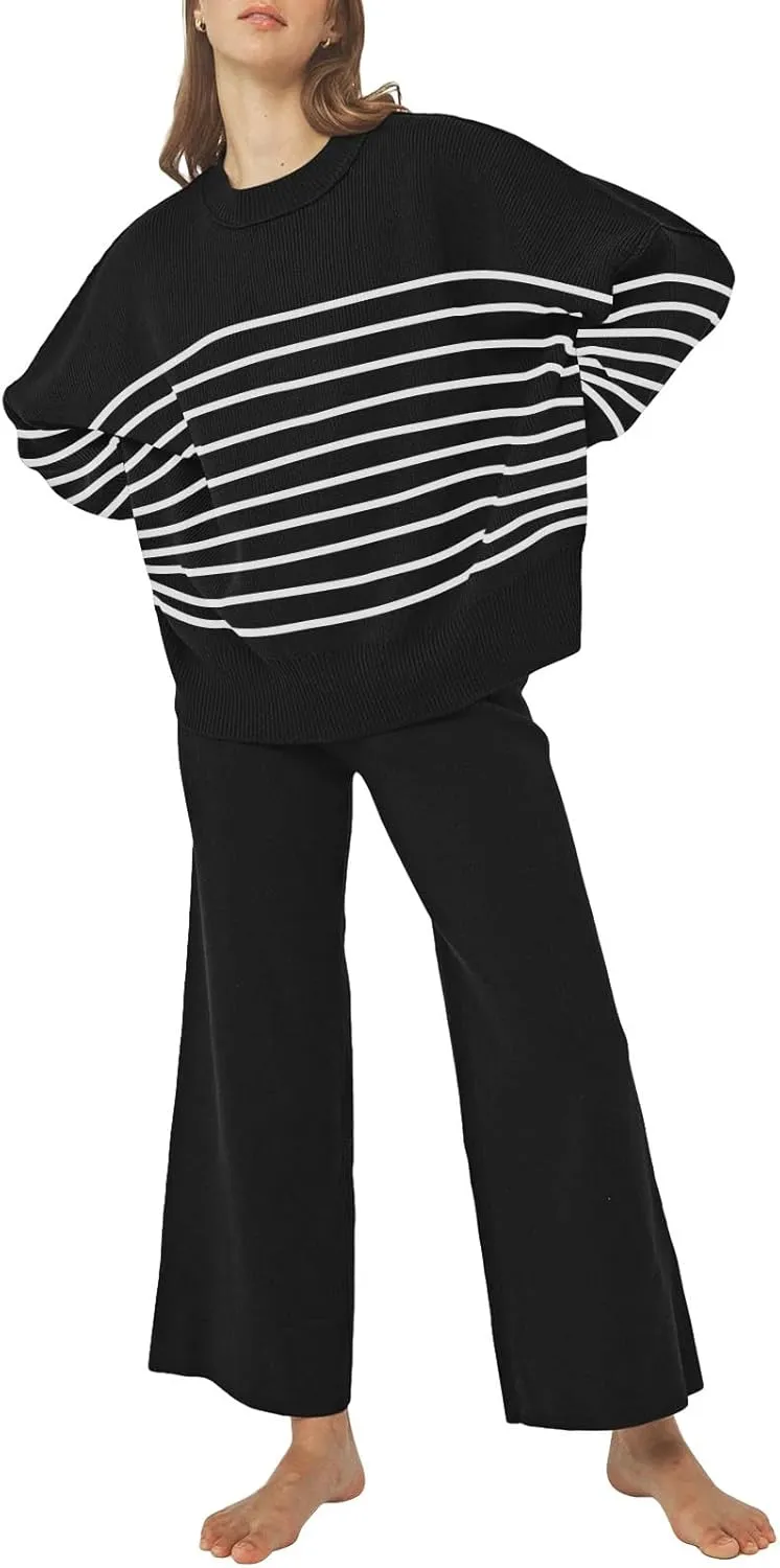 Linsery Women 2 Piece Sweater Sets Long Sleeve Knit Top Matching Wide Leg Pant Knitted Sweatsuit Outfits