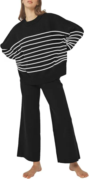Linsery Women 2 Piece Sweater Sets Long Sleeve Knit Top Matching Wide Leg Pant Knitted Sweatsuit Outfits