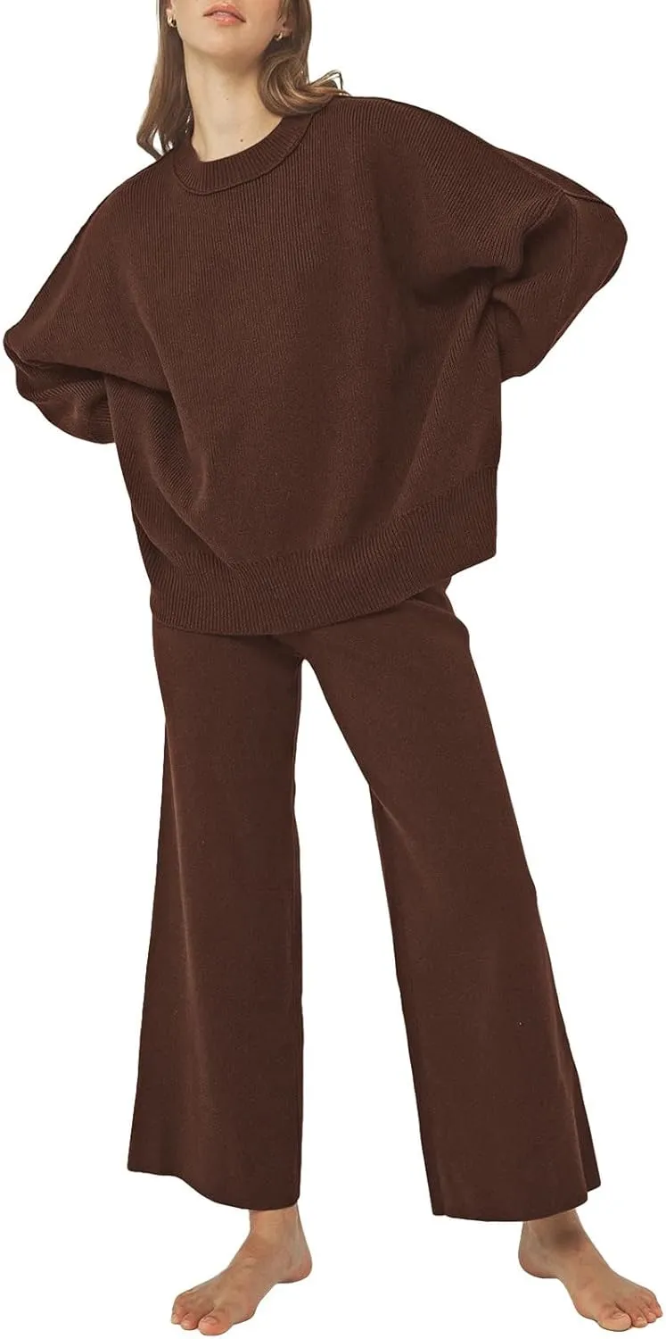 Linsery Women 2 Piece Sweater Sets Long Sleeve Knit Top Matching Wide Leg Pant Knitted Sweatsuit Outfits