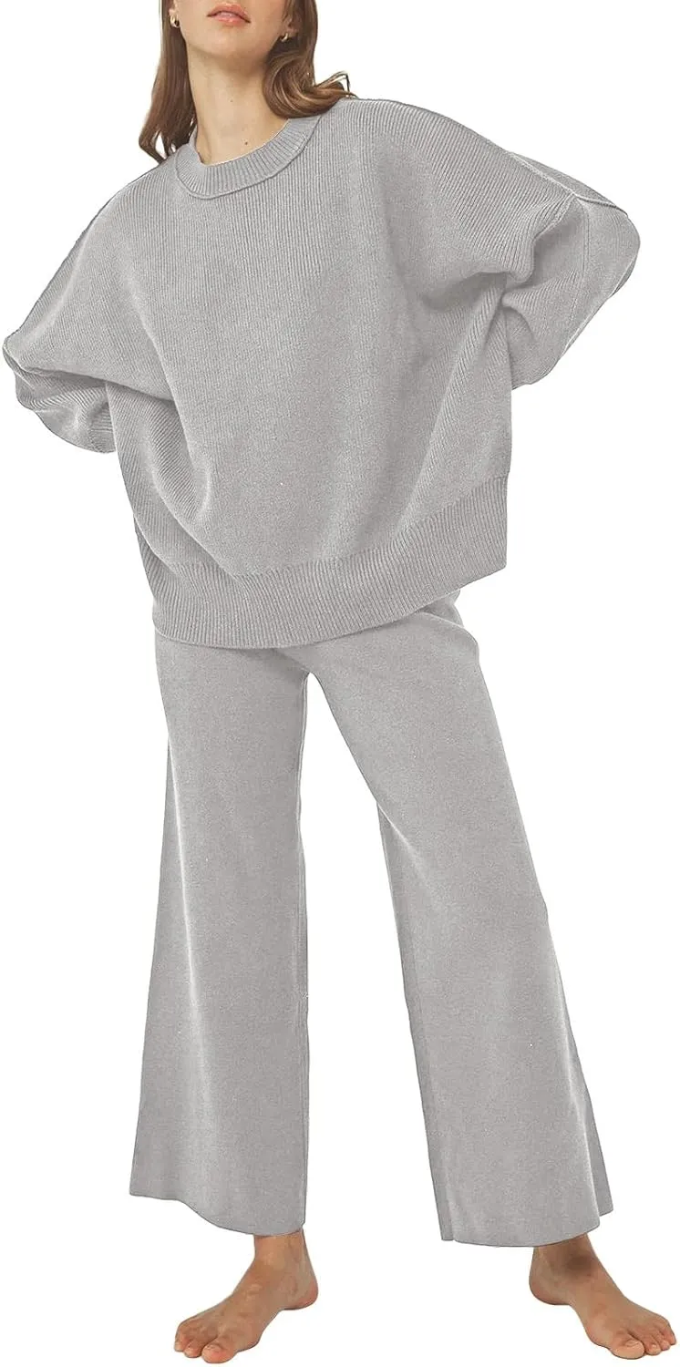 Linsery Women 2 Piece Sweater Sets Long Sleeve Knit Top Matching Wide Leg Pant Knitted Sweatsuit Outfits