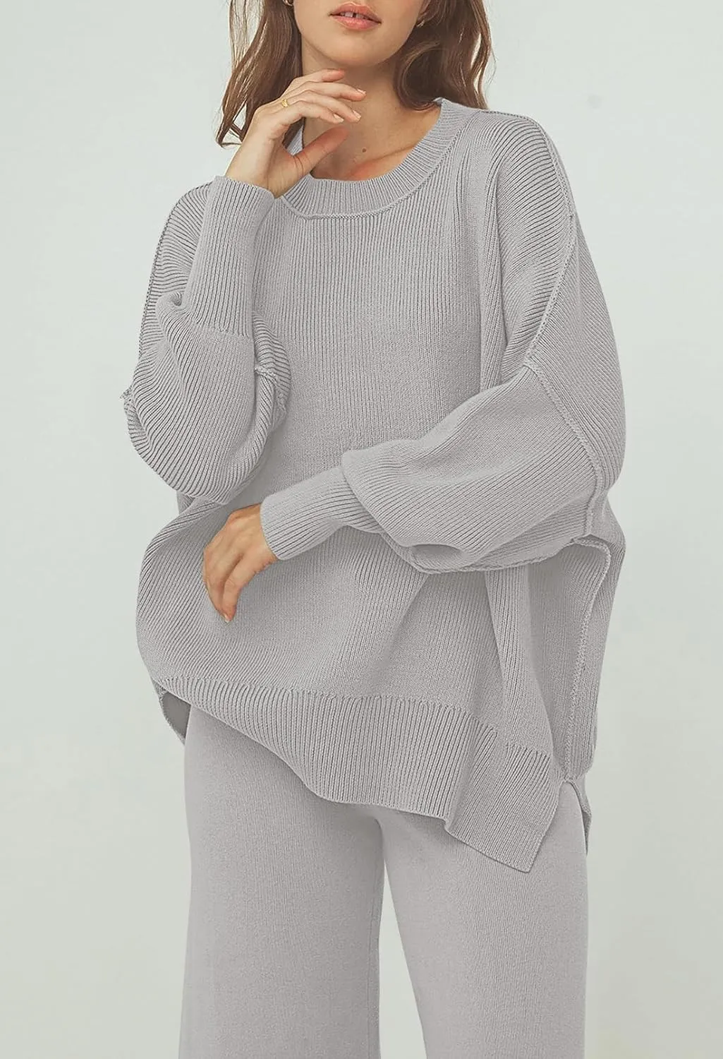 Linsery Women 2 Piece Sweater Sets Long Sleeve Knit Top Matching Wide Leg Pant Knitted Sweatsuit Outfits