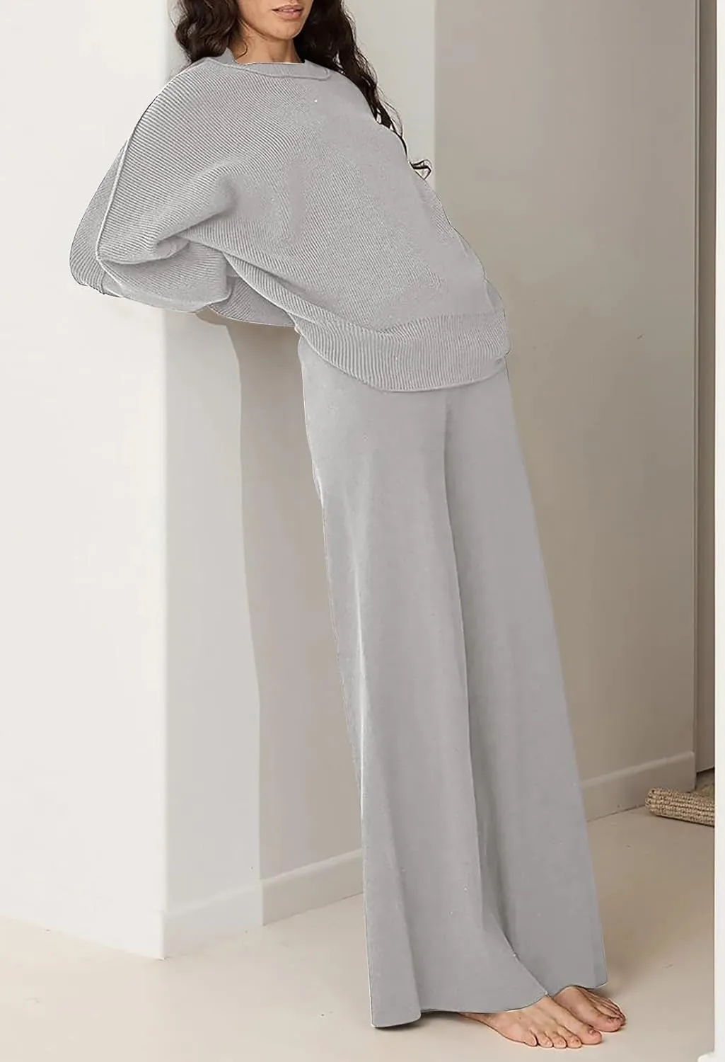 Linsery Women 2 Piece Sweater Sets Long Sleeve Knit Top Matching Wide Leg Pant Knitted Sweatsuit Outfits