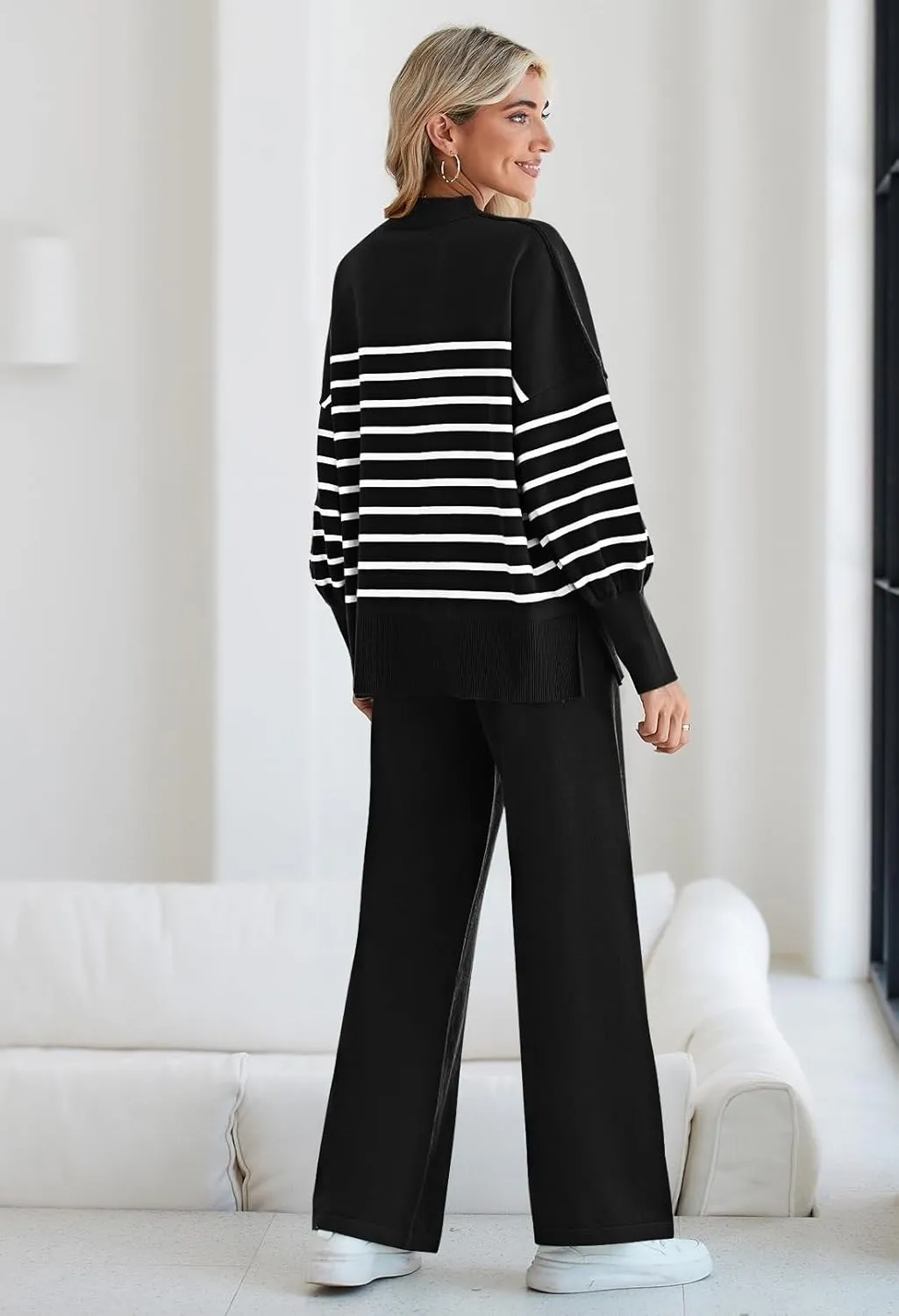 Linsery Women 2 Piece Sweater Sets Long Sleeve Knit Top Matching Wide Leg Pant Knitted Sweatsuit Outfits