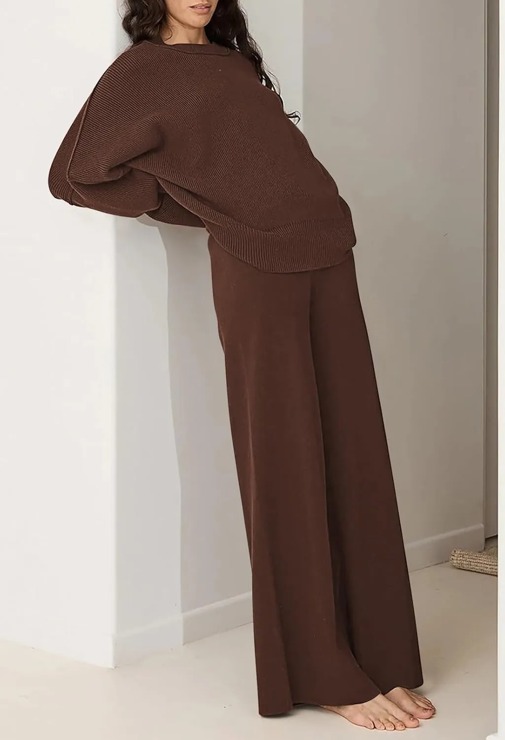 Linsery Women 2 Piece Sweater Sets Long Sleeve Knit Top Matching Wide Leg Pant Knitted Sweatsuit Outfits