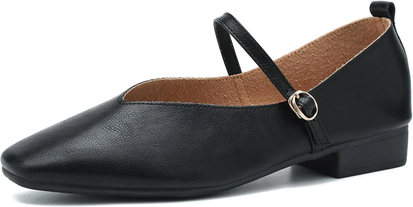LIURUIJIA Women's Mary Jane Ballet Flats Dress Shoes Square Toe Ankle Strap Casual Dressy Comfortable Retro Foldable Shoes Black 40 US 8
