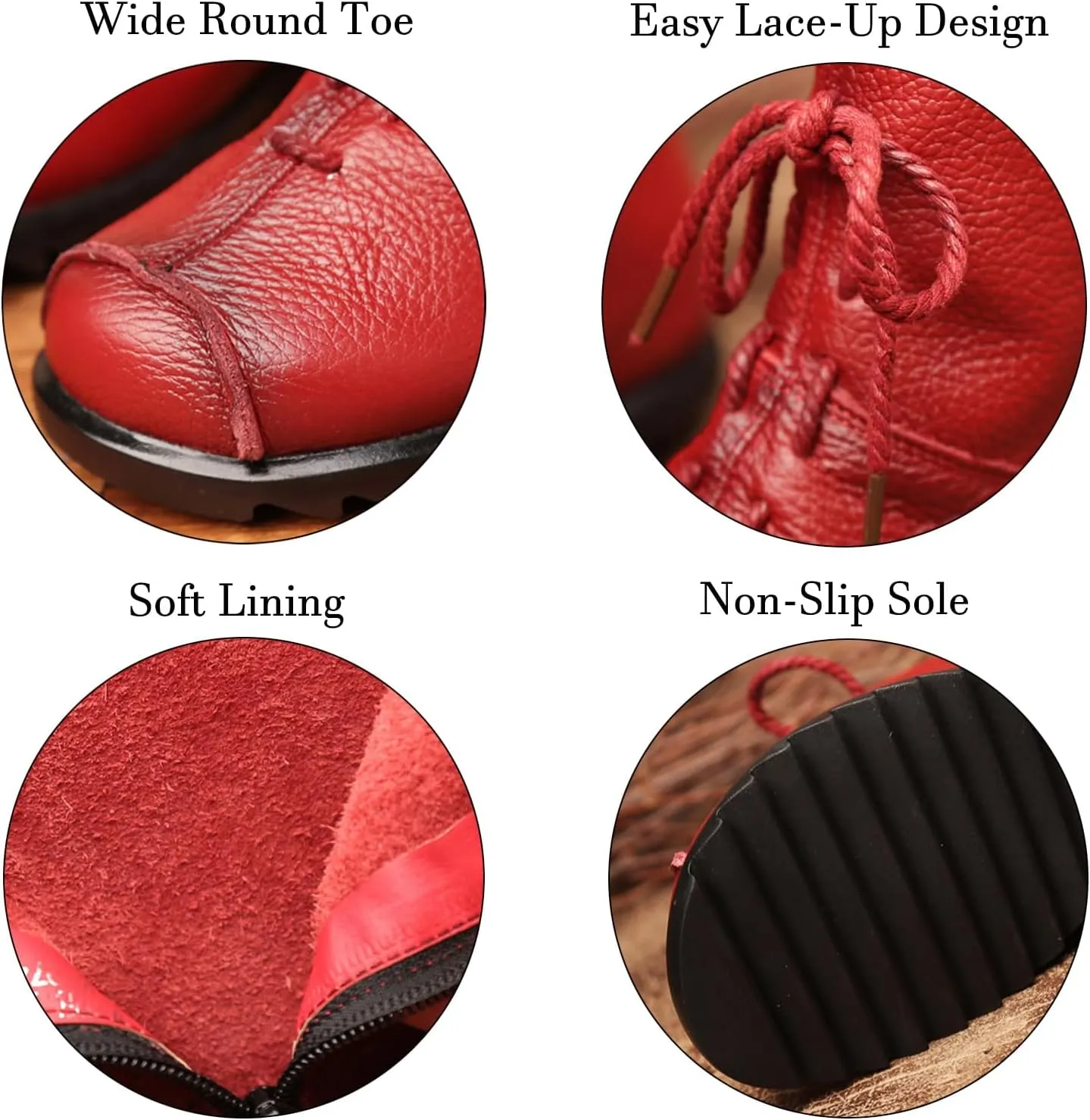Lossarye Women's Soft Genuine Leather Lace Up Flat Boots Handmade Wide Round Toe Side Zipper Comfortable Warm Fur Lined Anti-Slip Booties