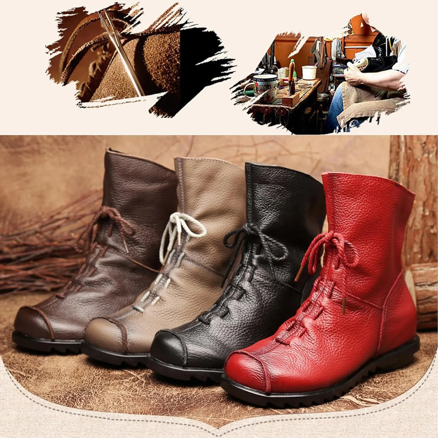 Lossarye Women's Soft Genuine Leather Lace Up Flat Boots Handmade Wide Round Toe Side Zipper Comfortable Warm Fur Lined Anti-Slip Booties