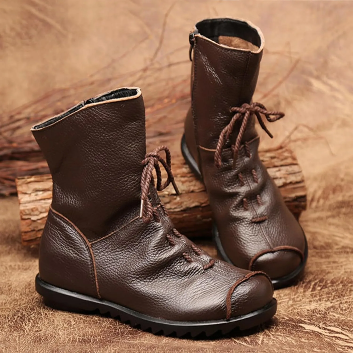 Lossarye Women's Soft Genuine Leather Lace Up Flat Boots Handmade Wide Round Toe Side Zipper Comfortable Warm Fur Lined Anti-Slip Booties