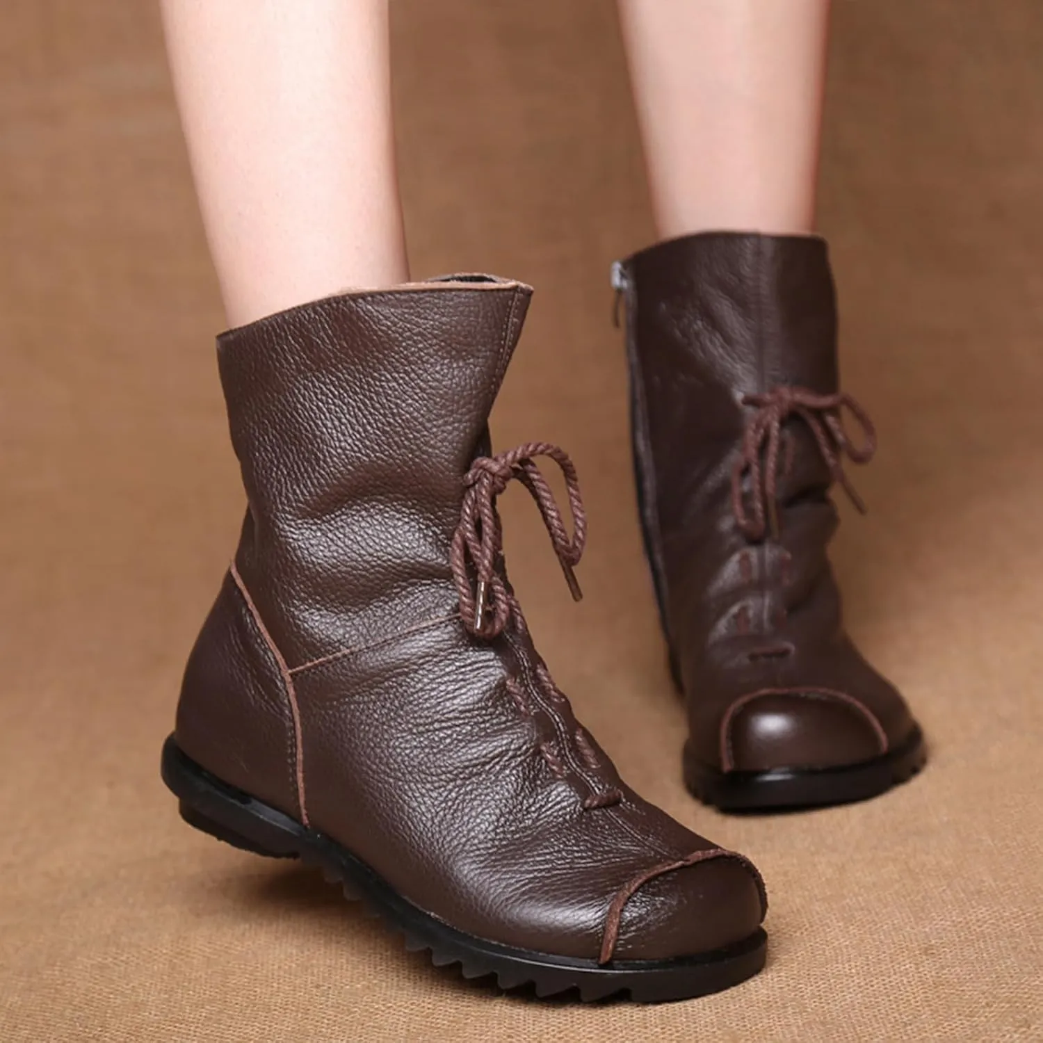 Lossarye Women's Soft Genuine Leather Lace Up Flat Boots Handmade Wide Round Toe Side Zipper Comfortable Warm Fur Lined Anti-Slip Booties