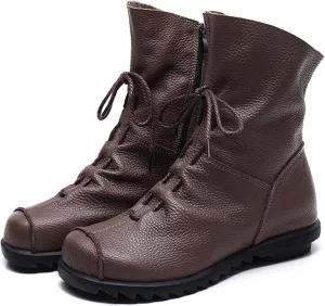 Lossarye Women's Soft Genuine Leather Lace Up Flat Boots Handmade Wide Round Toe Side Zipper Comfortable Warm Fur Lined Anti-Slip Booties