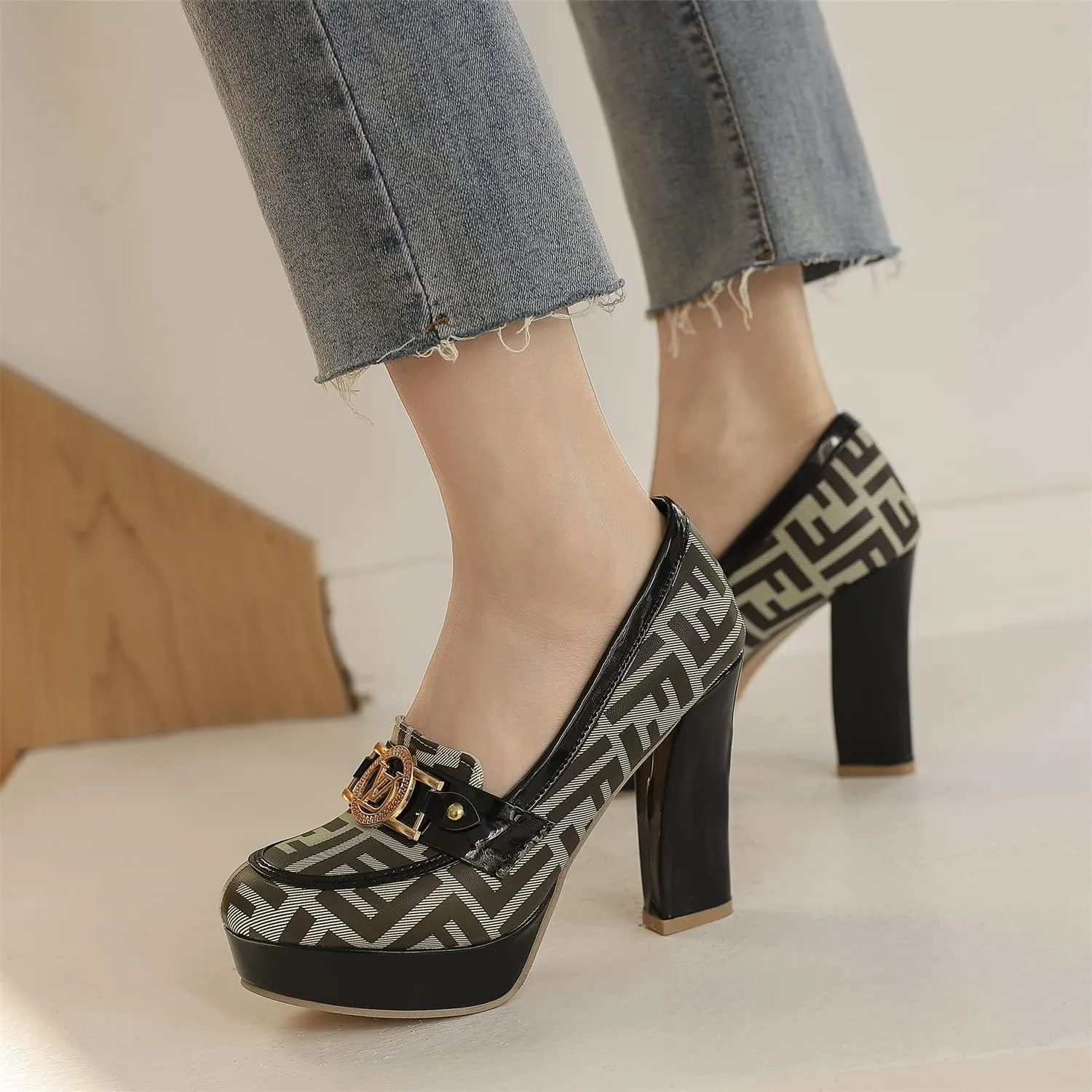 LYYSKY Womens Fashion 10.5CM Super High Heels Round Toe Single Shoes Concise Slip On Office Lady Platform Pumps