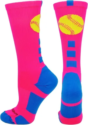 MadSportsStuff Softball Logo Crew Socks (Neon Pink/Electric Blue, Large)